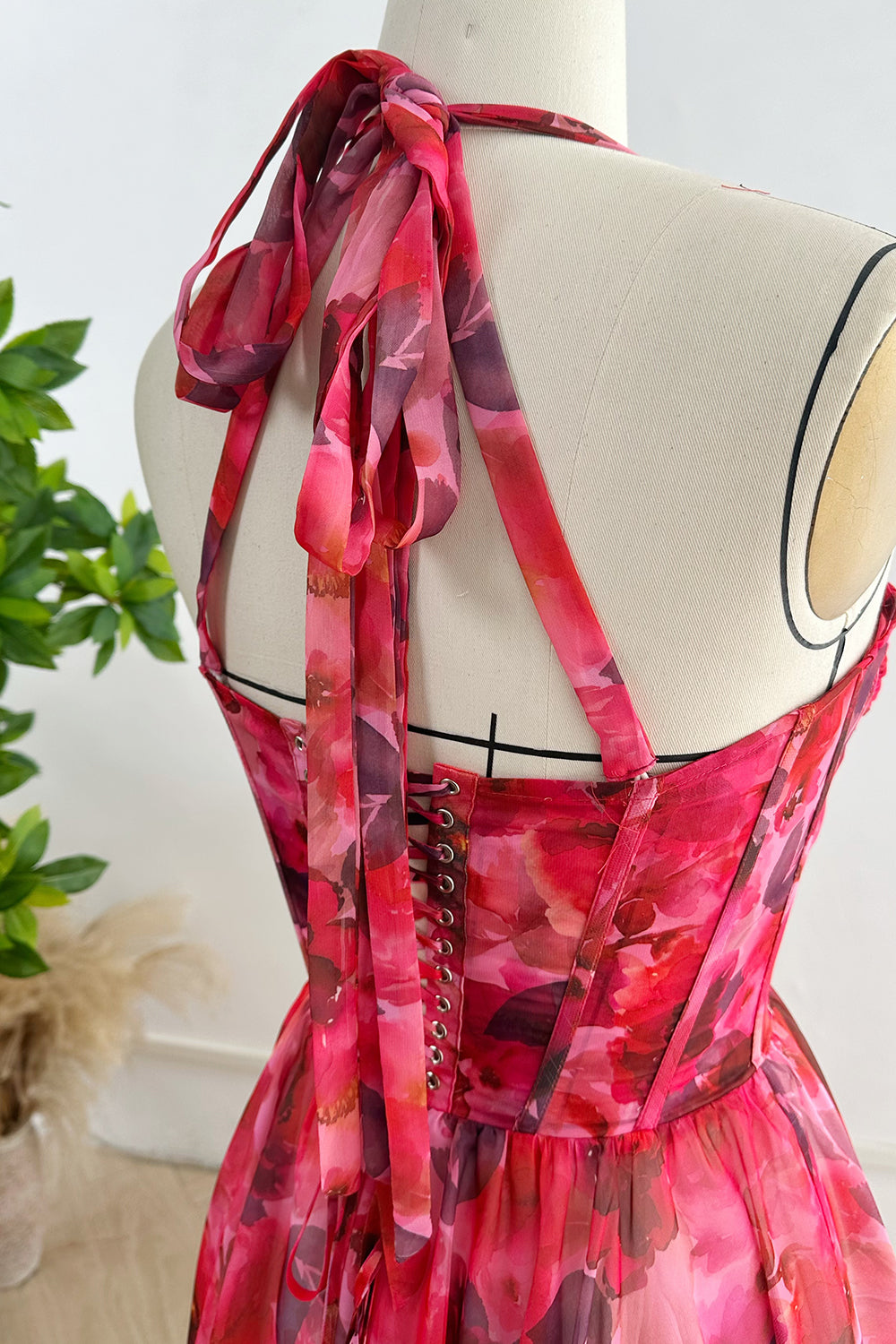 MissJophiel Strapless Corset Floral Print Chiffon Dress with Tie Straps
