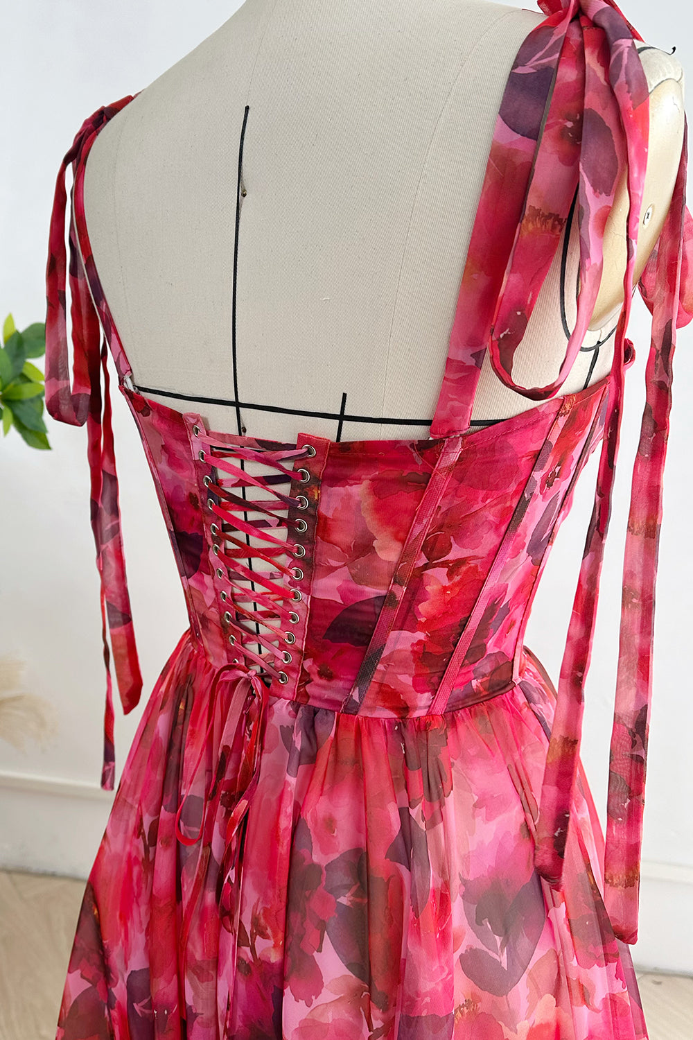 MissJophiel Strapless Corset Floral Print Chiffon Dress with Tie Straps