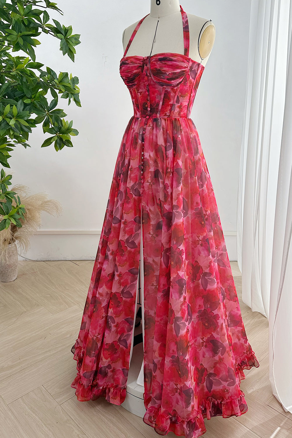 strapless chiffon dress pattern Stacees 2026 Blue White Floral Print A-Line Prom Dress with Ruffles & Slit