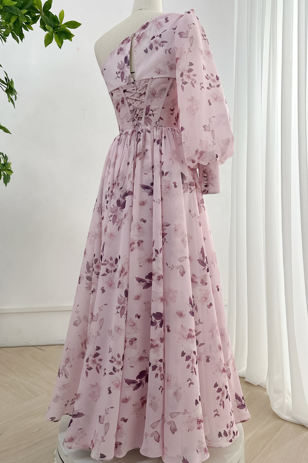 MissJophiel One Shoulder Long Sleeves Floral Print Chiffon Dress with Side Slit MissJophiel One Shoulder Long Sleeves Floral Print Chiffon Dress with Side Slit