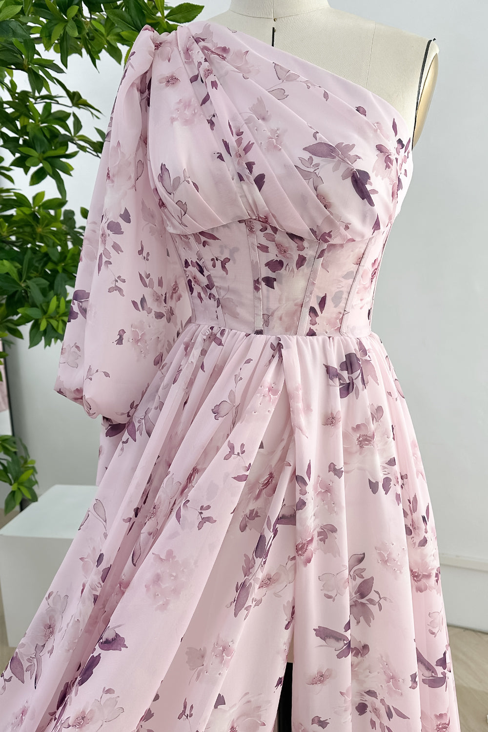 One Shoulder Long Sleeves Floral Print Chiffon Dress with Side Slit
