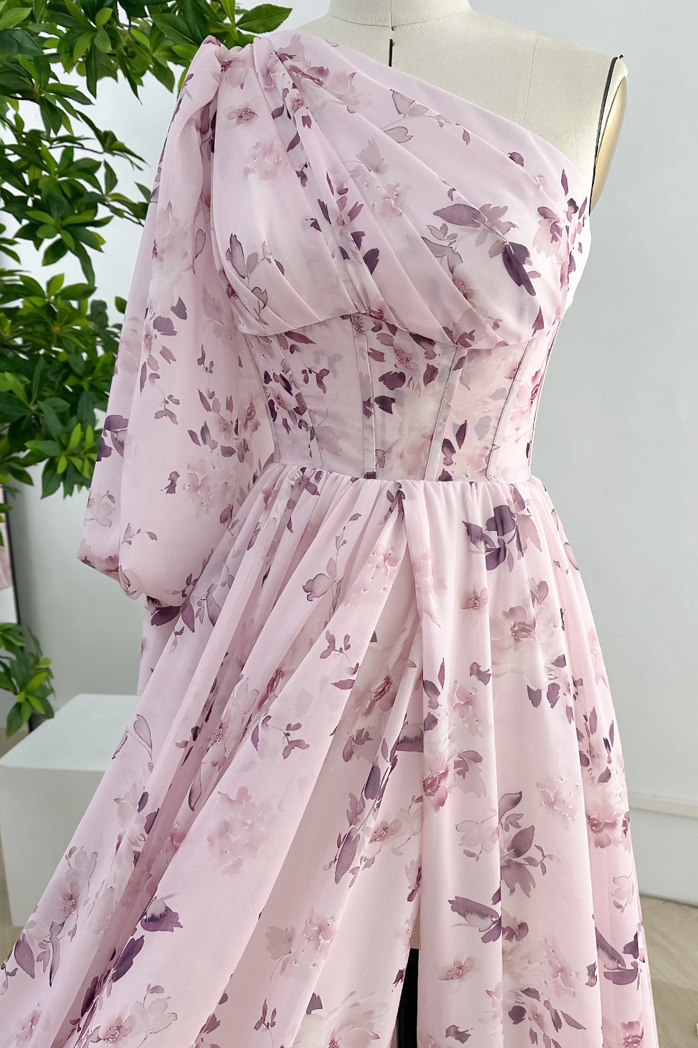 MissJophiel One Shoulder Long Sleeves Floral Print Chiffon Dress with ...