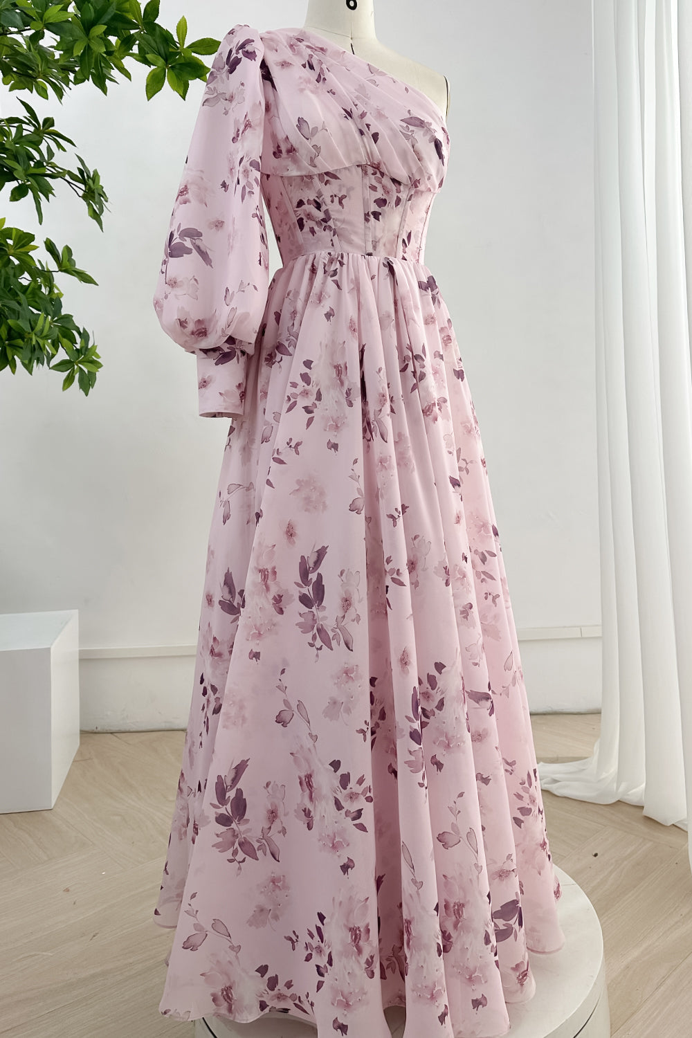 MissJophiel One Shoulder Long Sleeves Floral Print Chiffon Dress with Side Slit Pink Floral Print / Tea Length / Custom Size MissJophiel One Shoulder Long Sleeves Floral Print Chiffon Dress with Side Slit Pink Floral Print / Tea Length / Custom Size