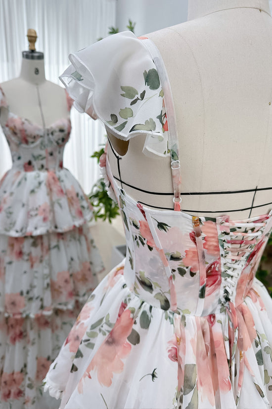 Semi-Sheer Floral Print Chiffon Tiered Dress