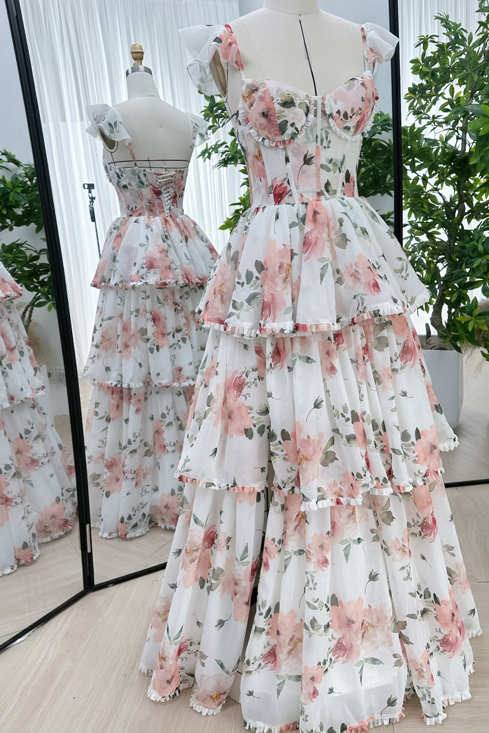 MissJophiel Straps Corset Floral Print Chiffon Tiered Dress