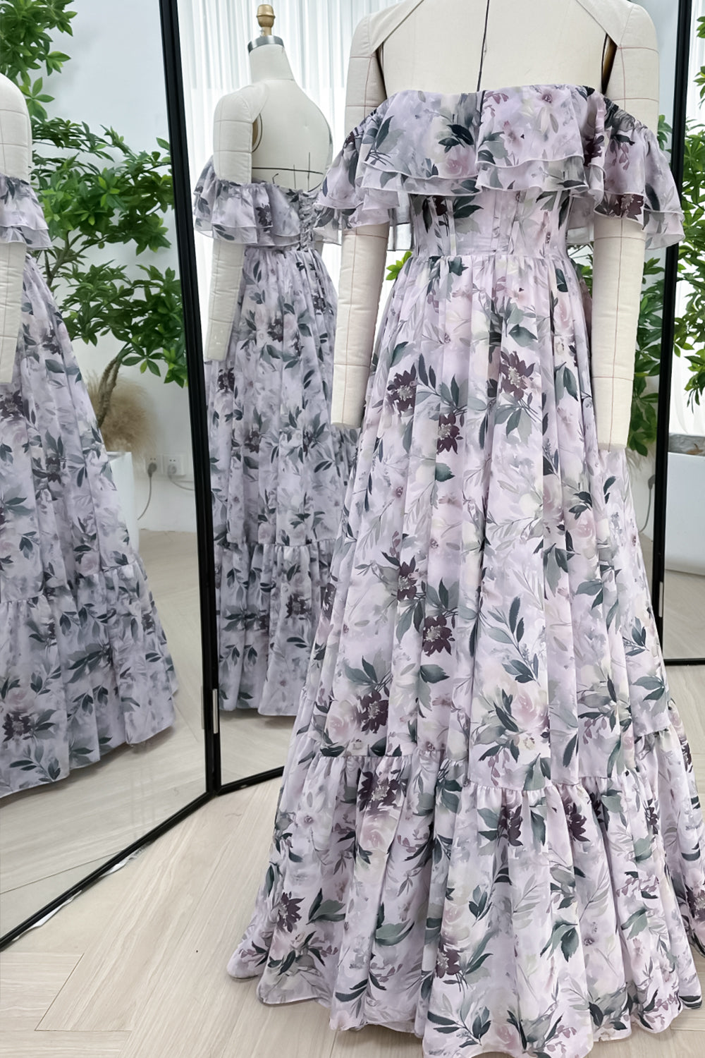 Off the Shoulder Corset Floral Print Chiffon Tiered Dress