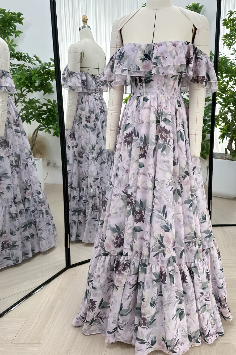 MissJophiel Off the Shoulder Corset Floral Print Chiffon Tiered Dress