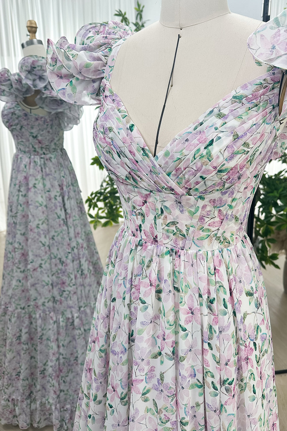 MissJophiel Ruffled Straps Corset Floral Print Chiffon Tiered Dress