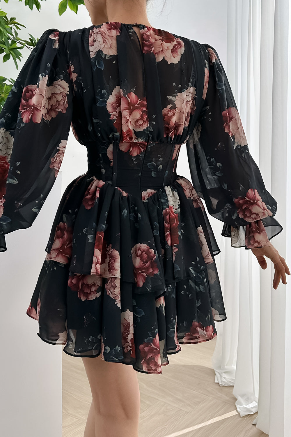 Long Sleeves Corset Black Floral Print Chiffon Tiered Mini Dress