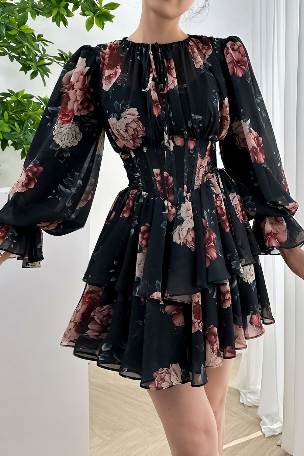 MissJophiel Long Sleeves Corset Black Floral Print Chiffon Tiered Mini ... MissJophiel Long Sleeves Corset Black Floral Print Chiffon Tiered Mini ...