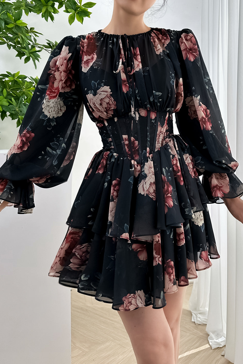 MissJophiel Long Sleeves Corset Black Floral Print Chiffon Tiered Mini Dress