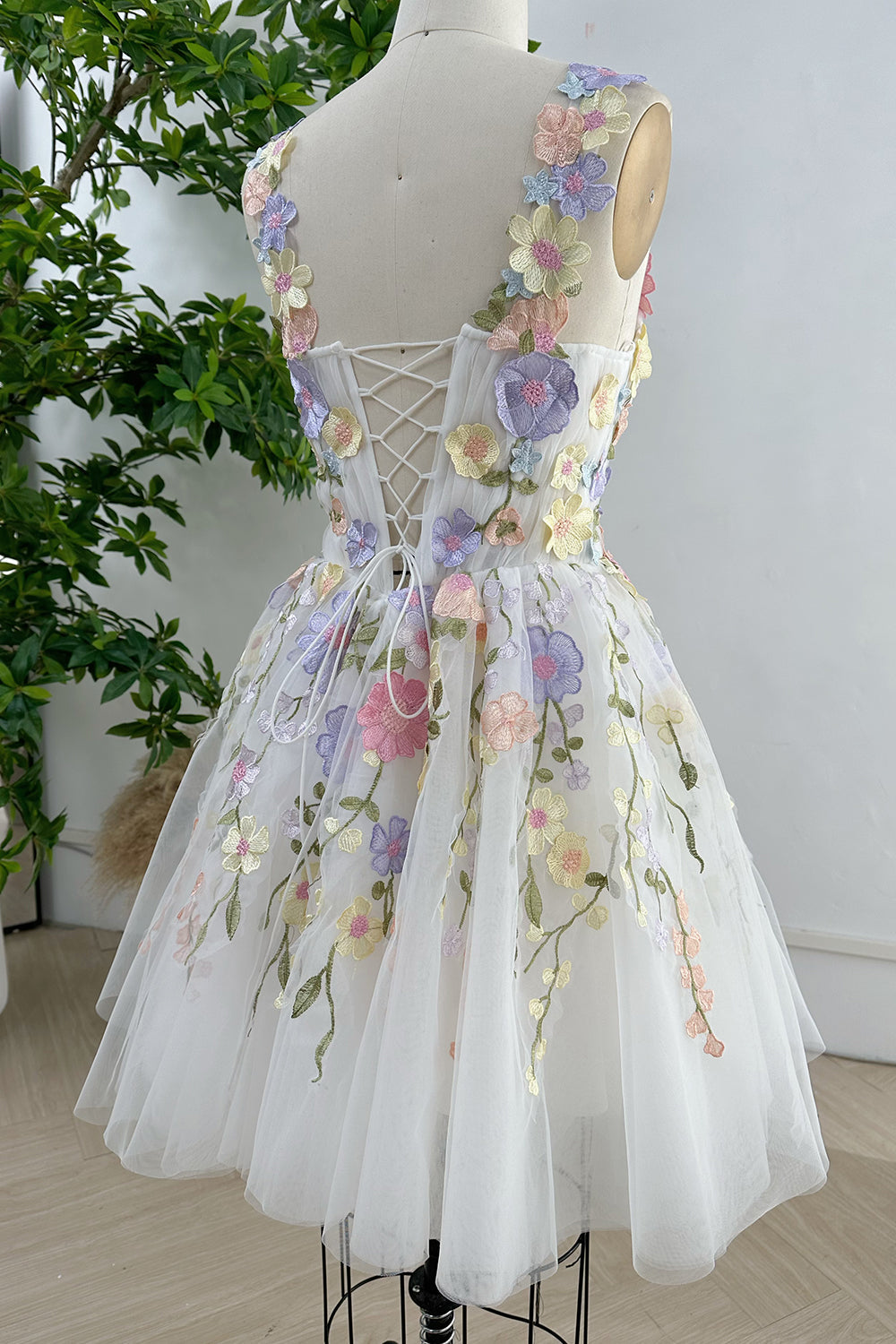 Ebielle Mini Dress - Strapless Corset Wrap Dress in Pastel Spring Floral