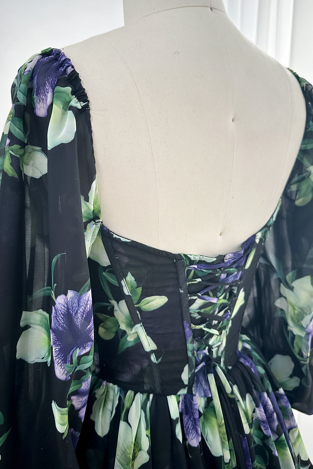 Long Sleeves Sweetheart Corset Black Floral Print Chiffon Tiered Mini Dress