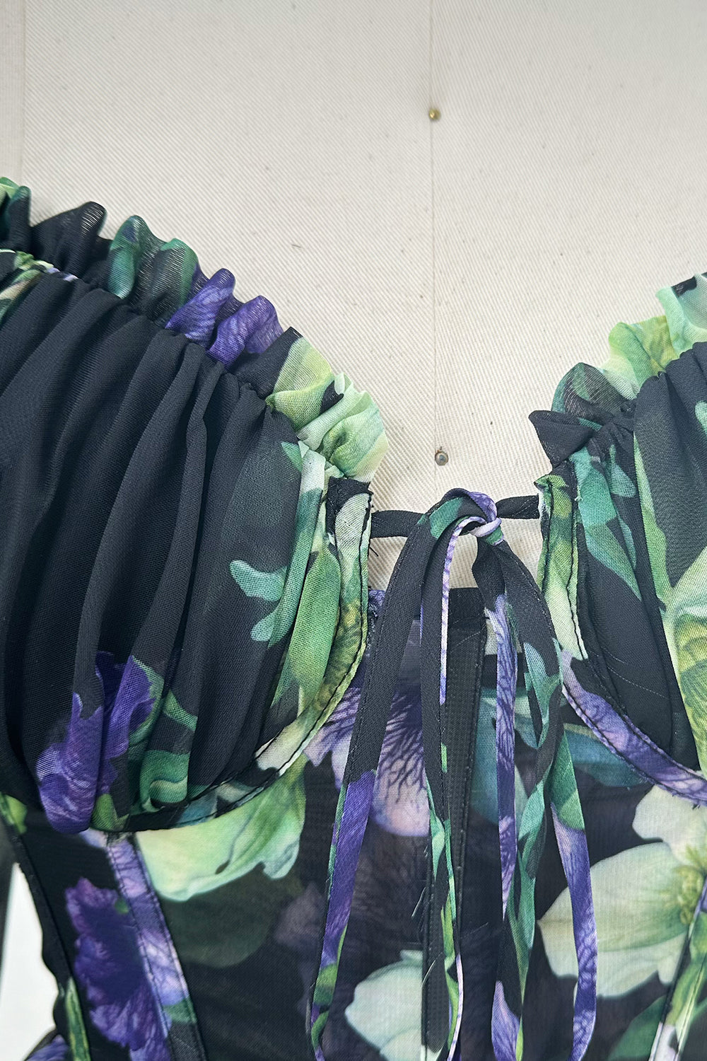 Long Sleeves Sweetheart Corset Black Floral Print Chiffon Tiered Mini Dress