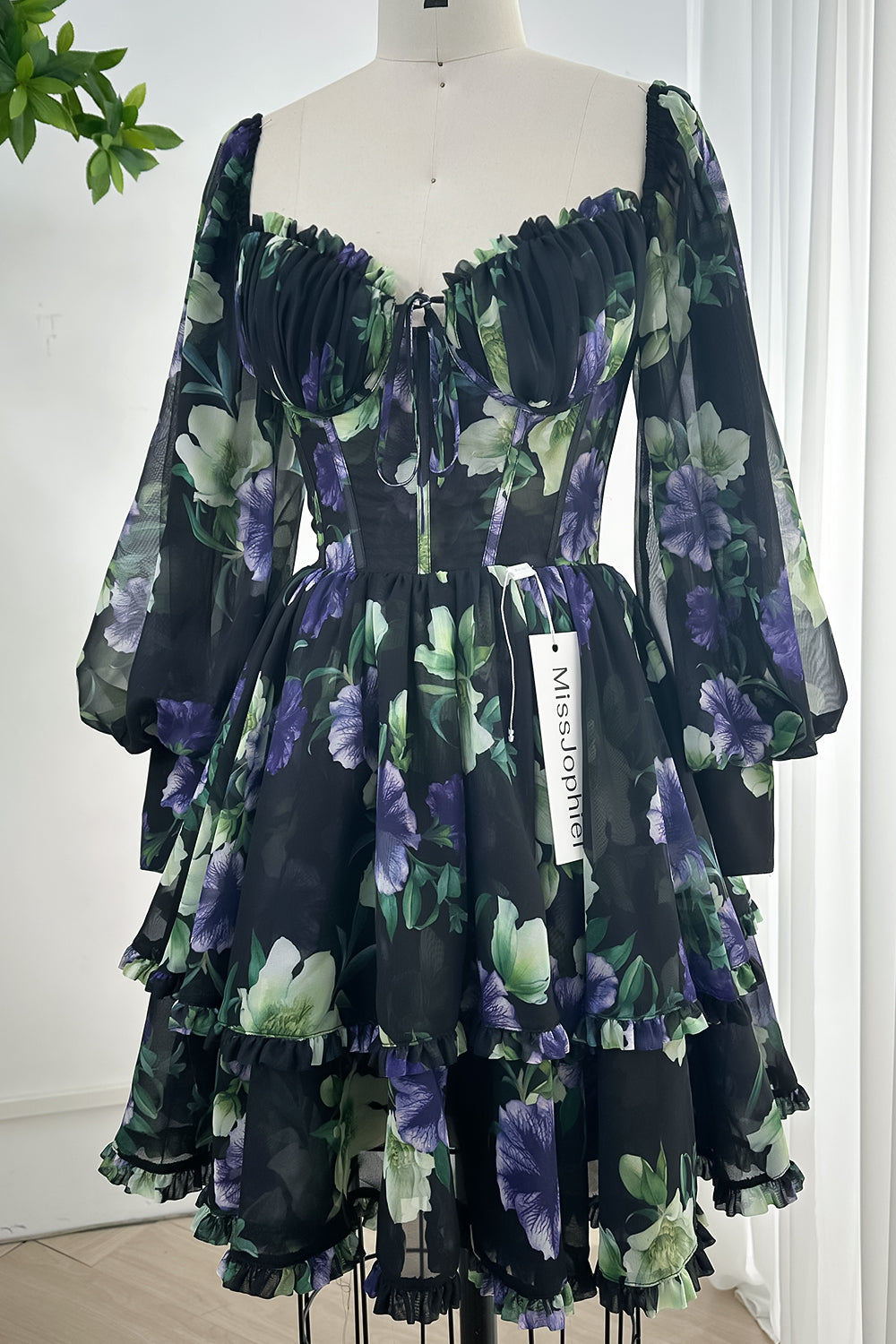 MissJophiel Long Sleeves Sweetheart Corset Black Floral Print Chiffon Tiered Mini Dress