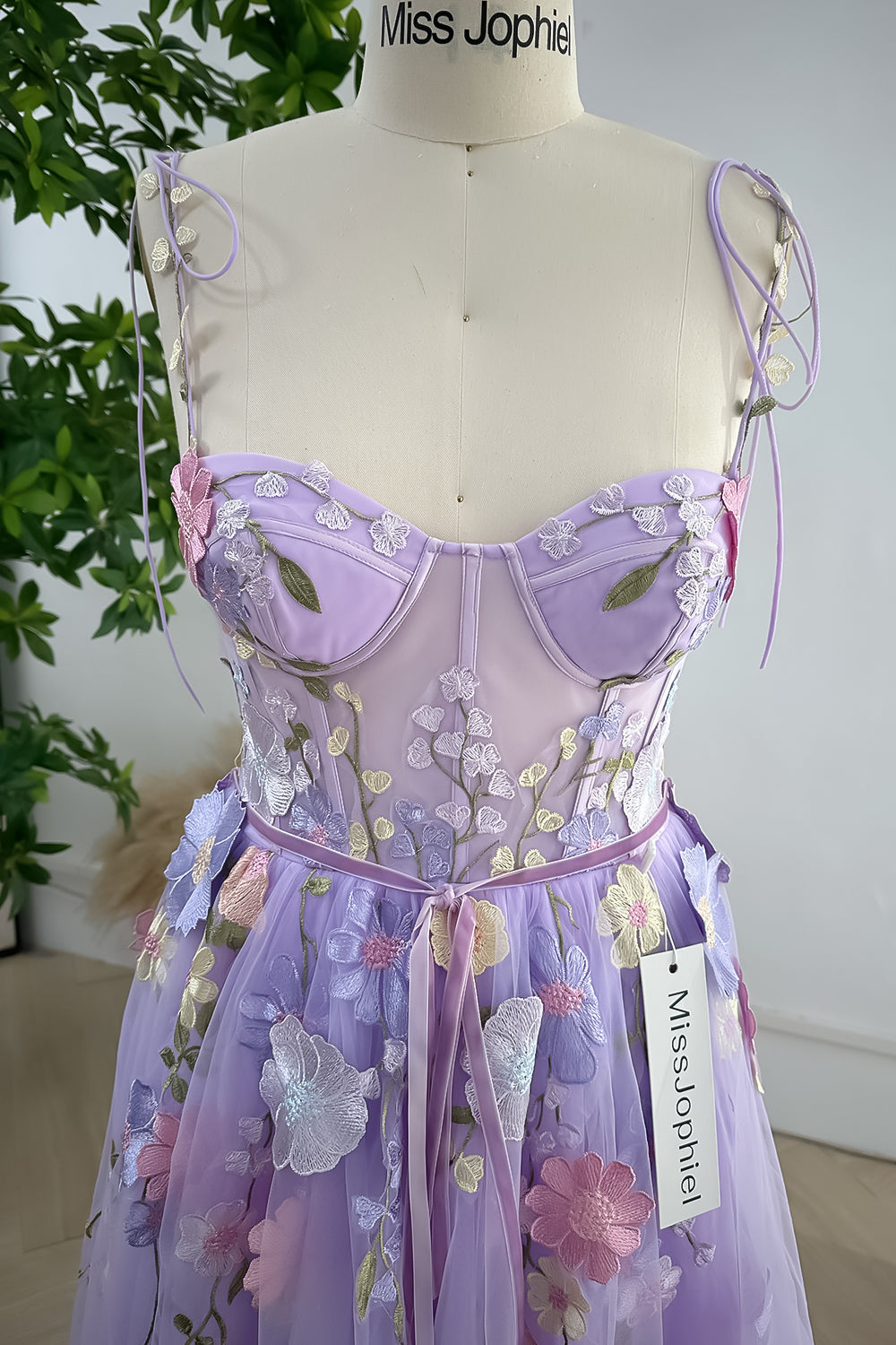 MissJophiel Embroidery Floral Corset Lavender Dress with Removable Tie Straps
