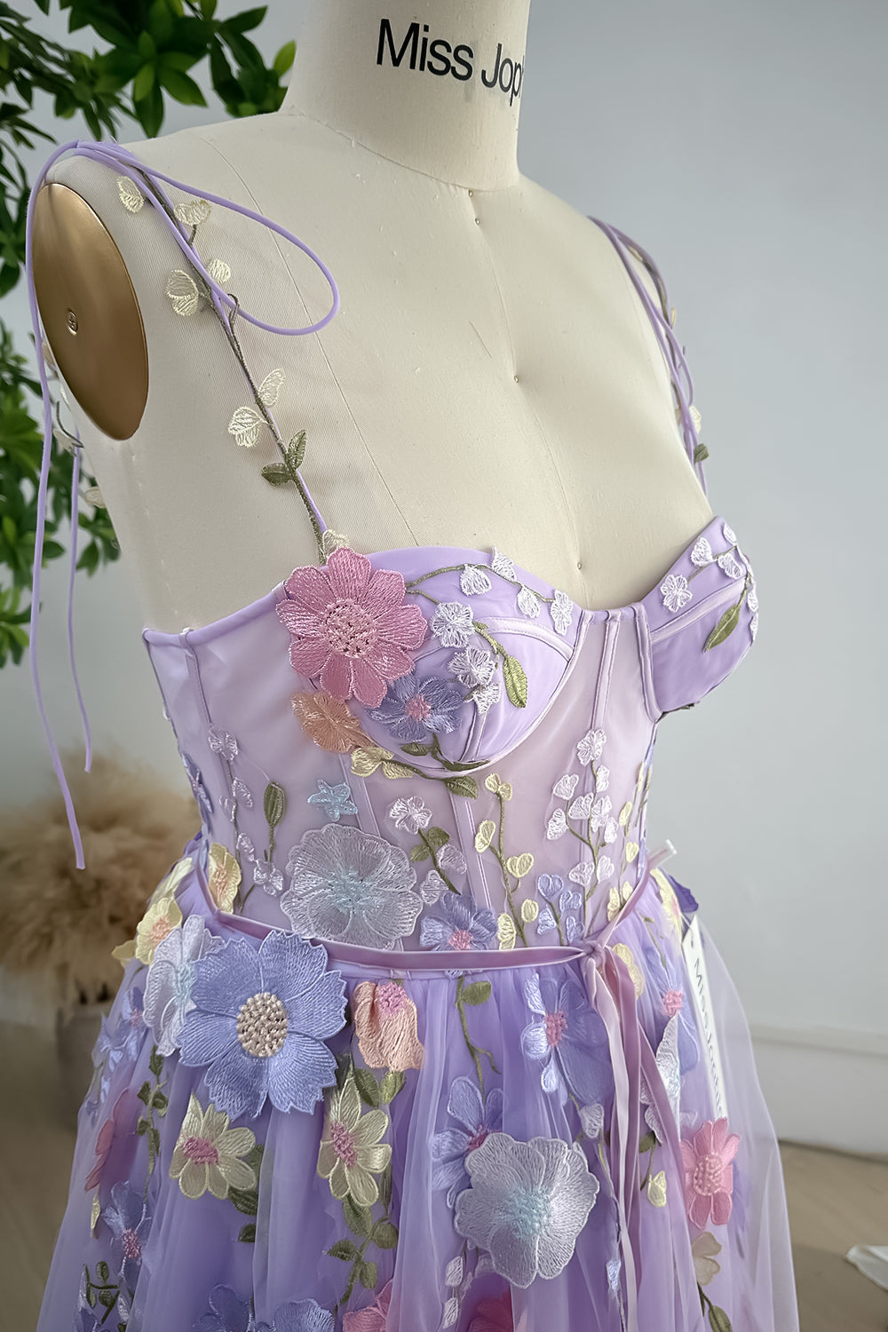 Embroidery Floral Corset Lavender Dress with Removable Tie Straps