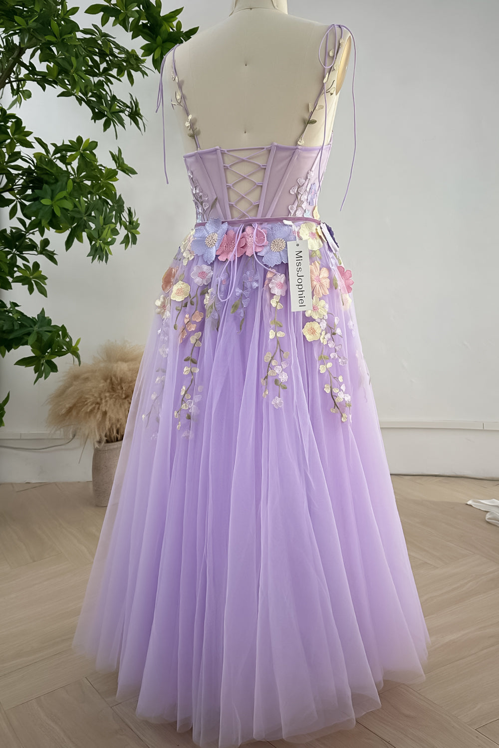 MissJophiel Embroidery Floral Corset Lavender Dress with Removable Tie