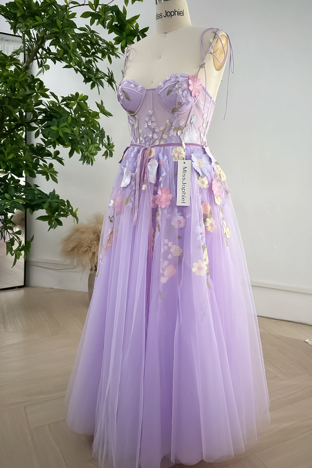 MissJophiel Embroidery Floral Corset Lavender Dress with Removable Tie Straps