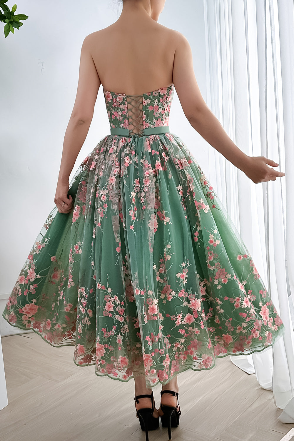 Strapless Embroidery Floral Corset Midi Dress