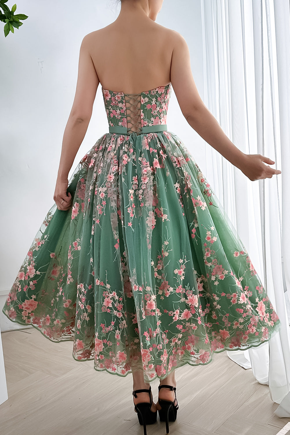 MissJophiel Strapless Embroidery Floral Corset Midi Dress