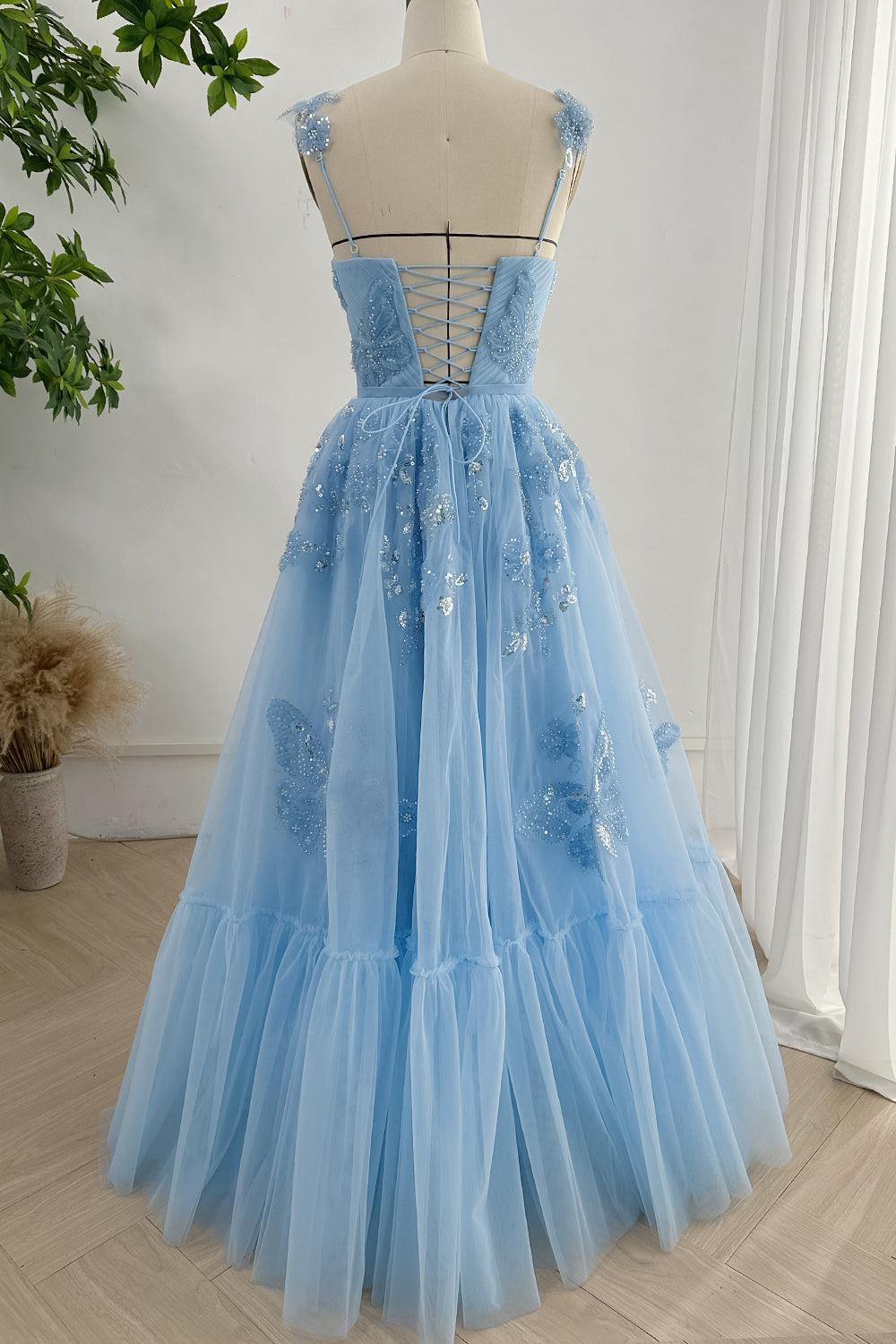 MissJophiel V Neck Beaded Butterfly Sky Blue Long Dress