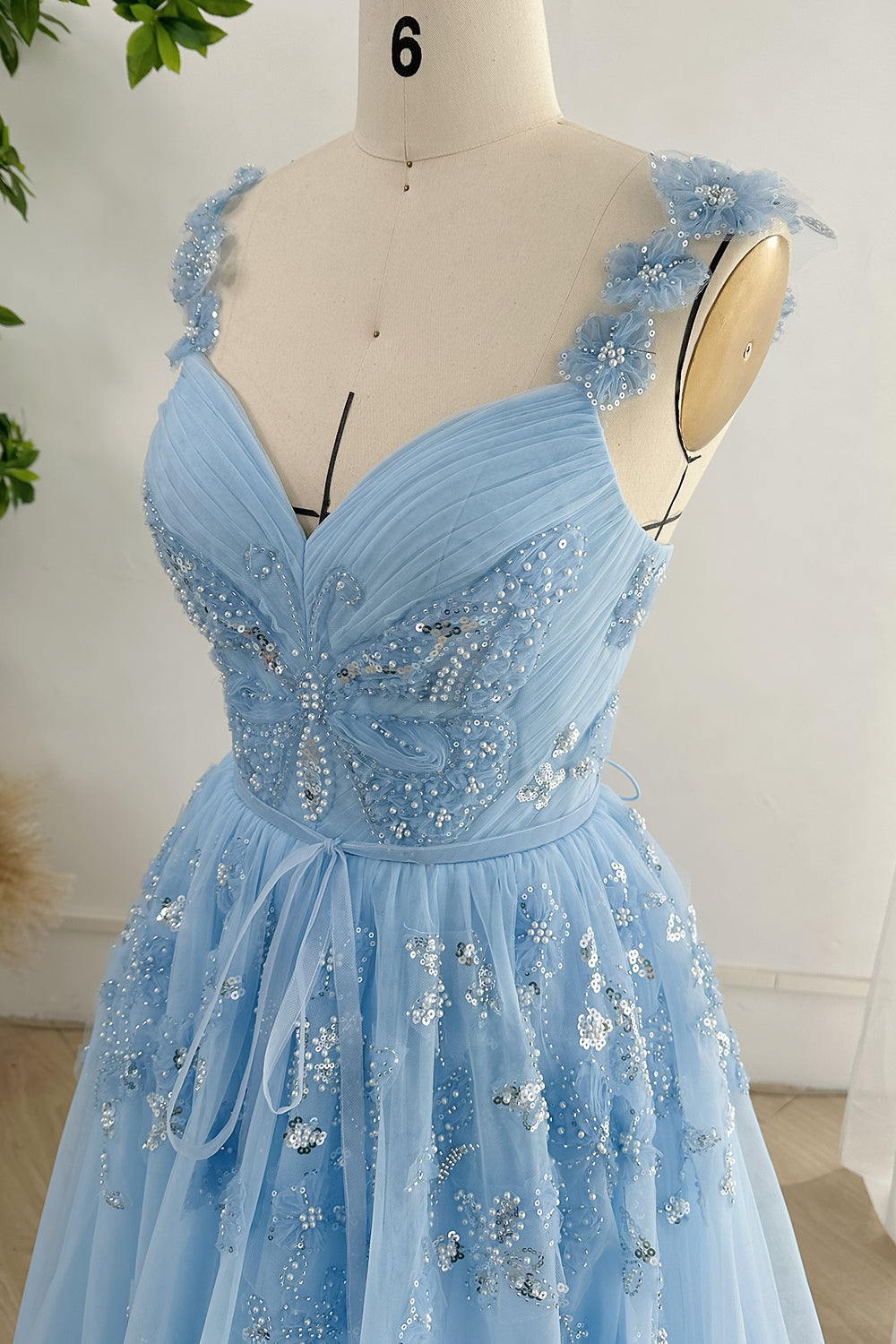MissJophiel V Neck Beaded Butterfly Sky Blue Long Dress