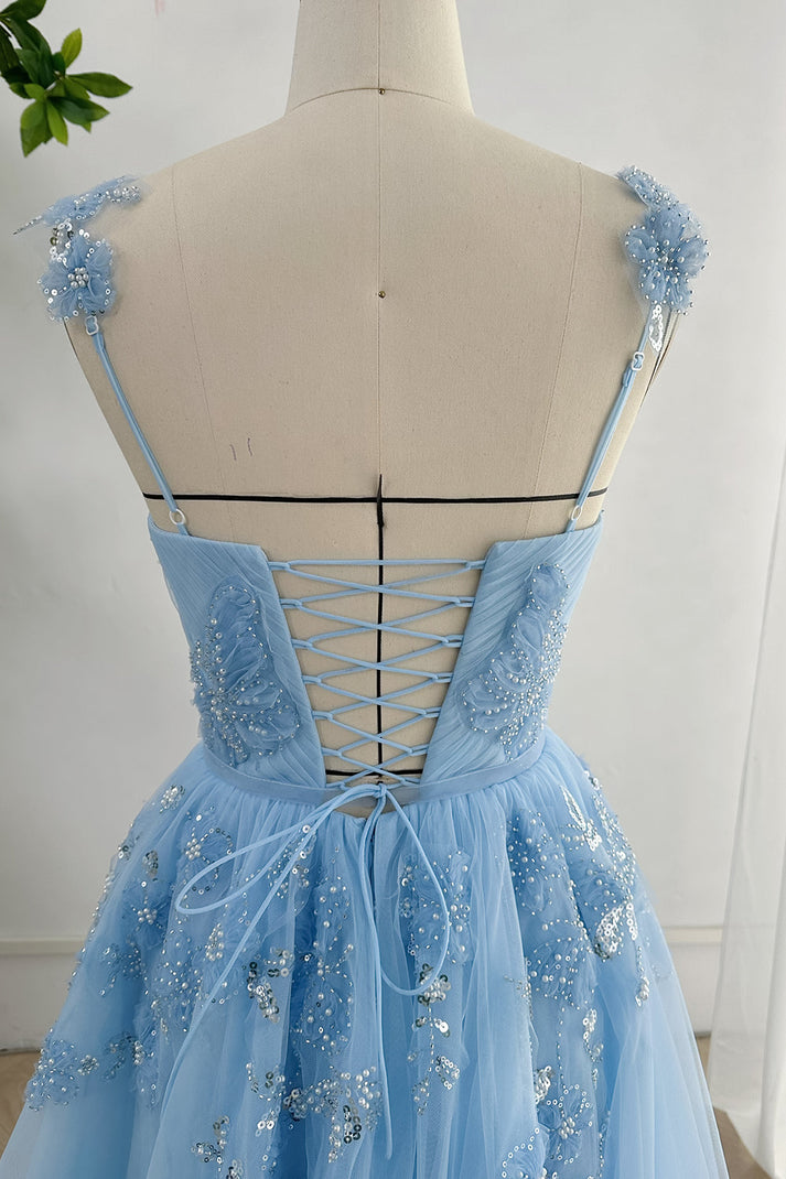 MissJophiel V Neck Beaded Butterfly Sky Blue Long Dress