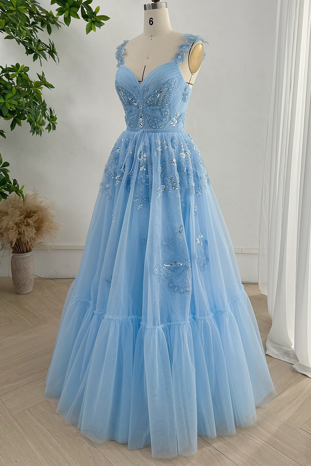 MissJophiel V Neck Beaded Butterfly Sky Blue Long Dress