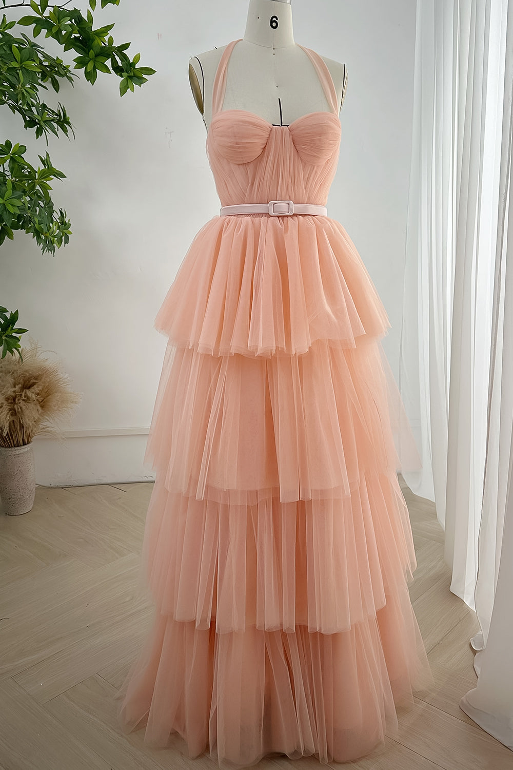 MissJophiel Strapless Corset Tiered Long Dress with Removable Tie Straps Peach Pink / Above Knee / US8