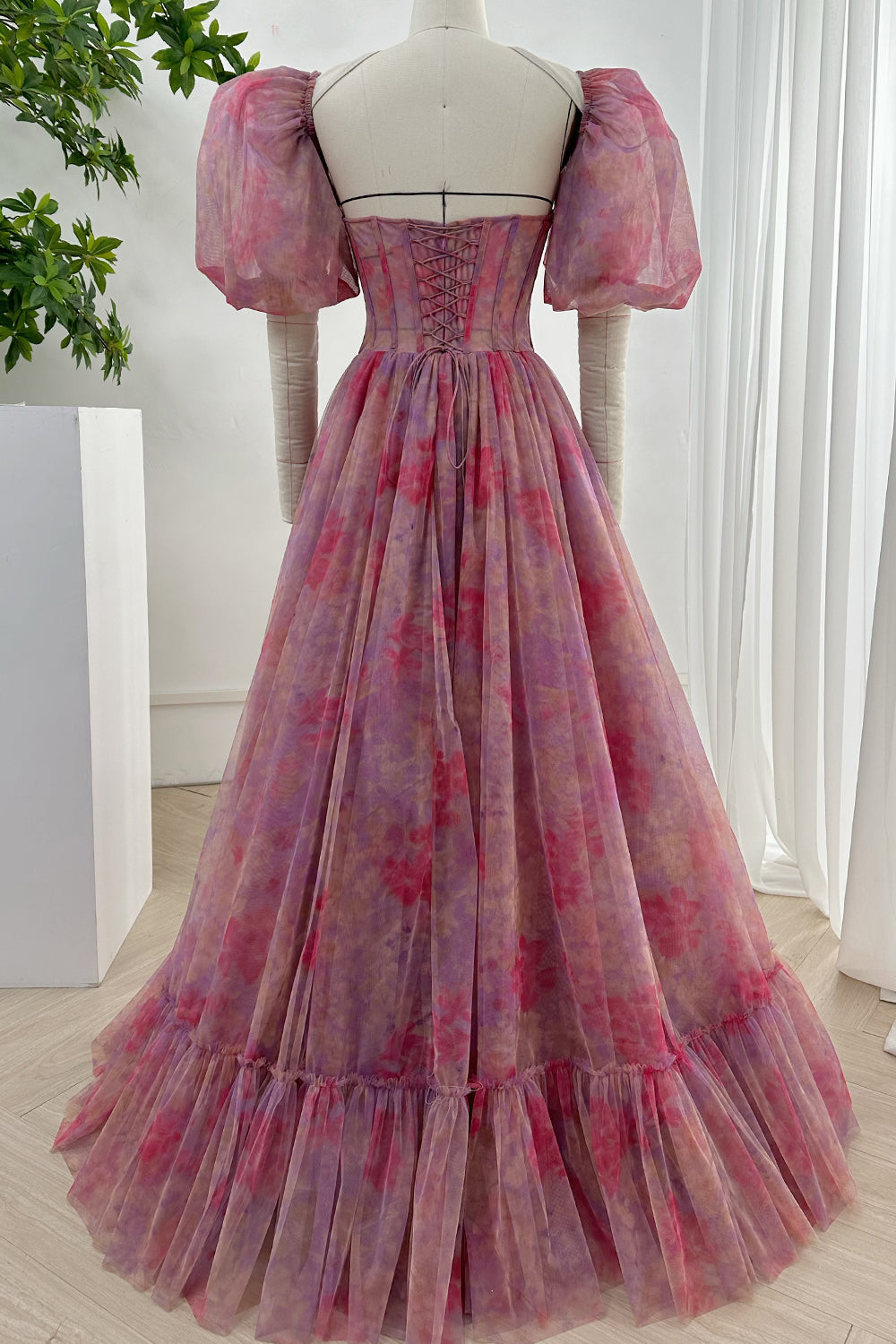 MissJophiel Strapless Floral Tulle Long Dress with Removable Puff Sleeves