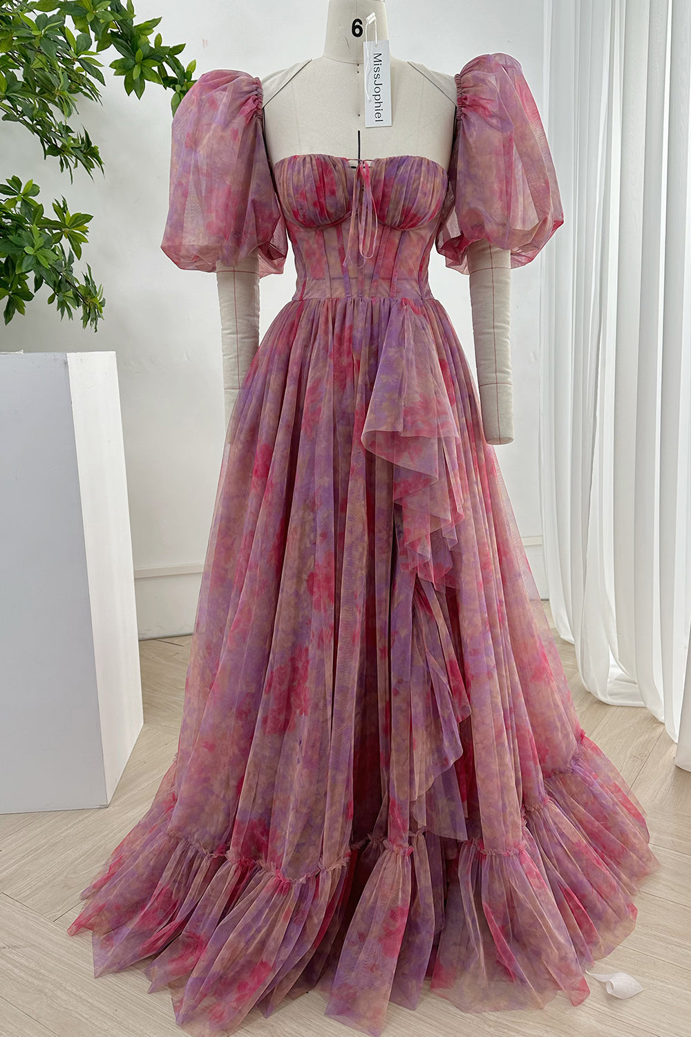 Strapless Floral Tulle Long Dress with Removable Puff Sleeves