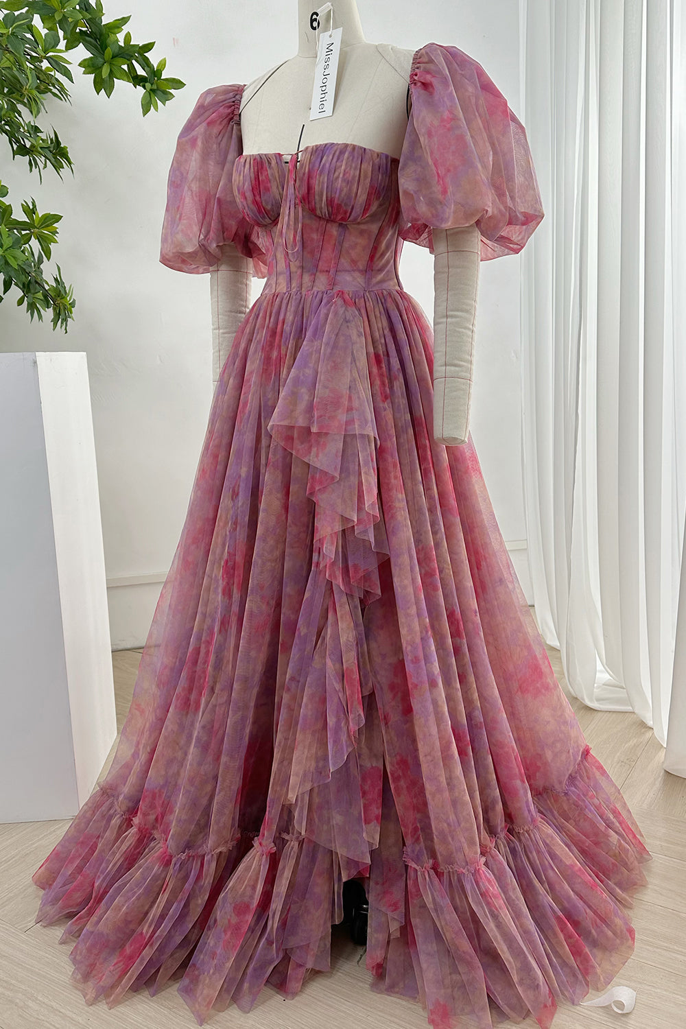 MissJophiel Strapless Floral Tulle Long Dress with Removable Puff Sleeves