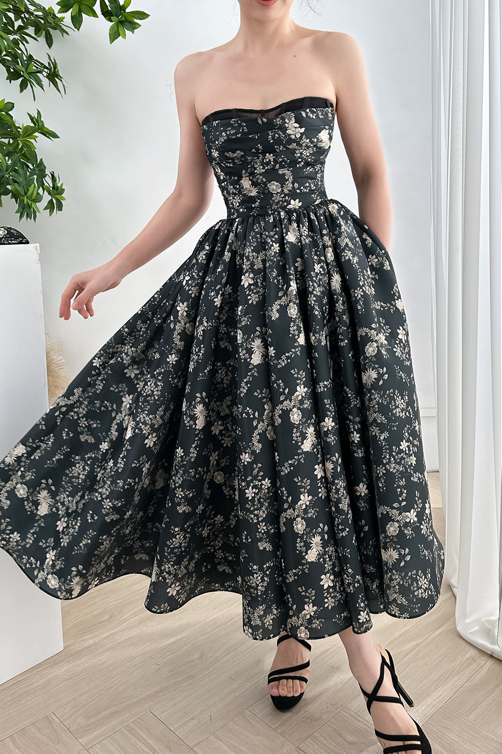 Corset Strapless Floral Print Satin Midi Dress
