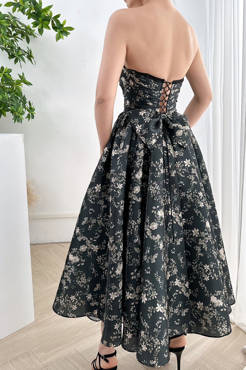 MissJophiel Corset Strapless Floral Print Satin Midi Dress