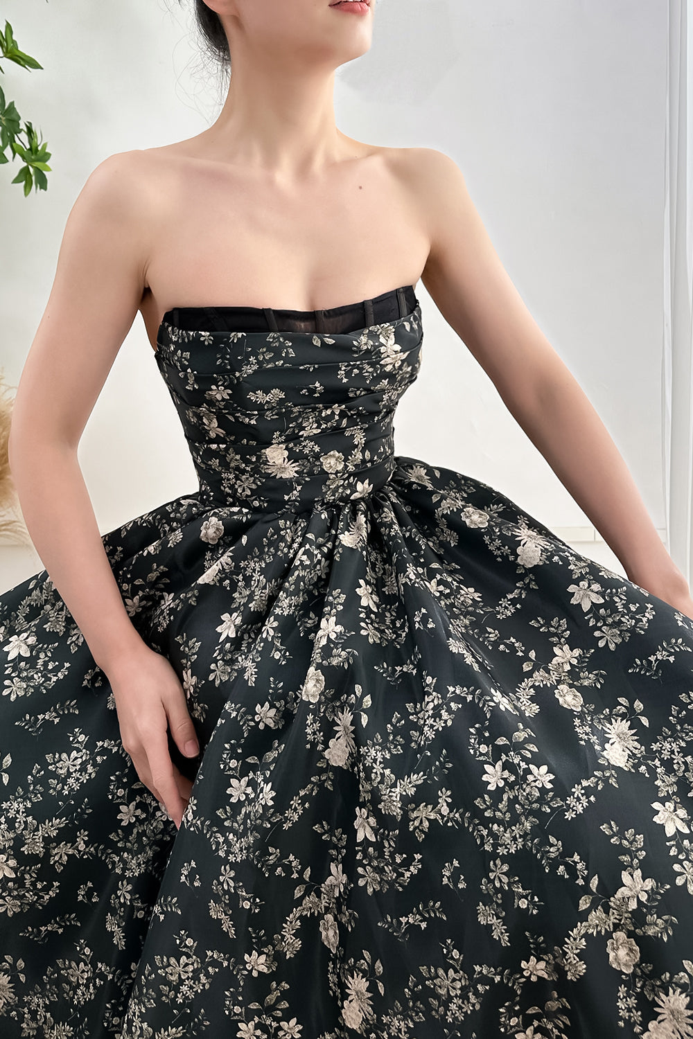 MissJophiel Corset Strapless Floral Print Satin Midi Dress