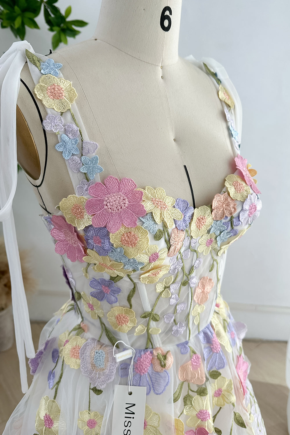 MissJophiel Embroidery Floral Corset Ivory Dress with Removable Tie Straps