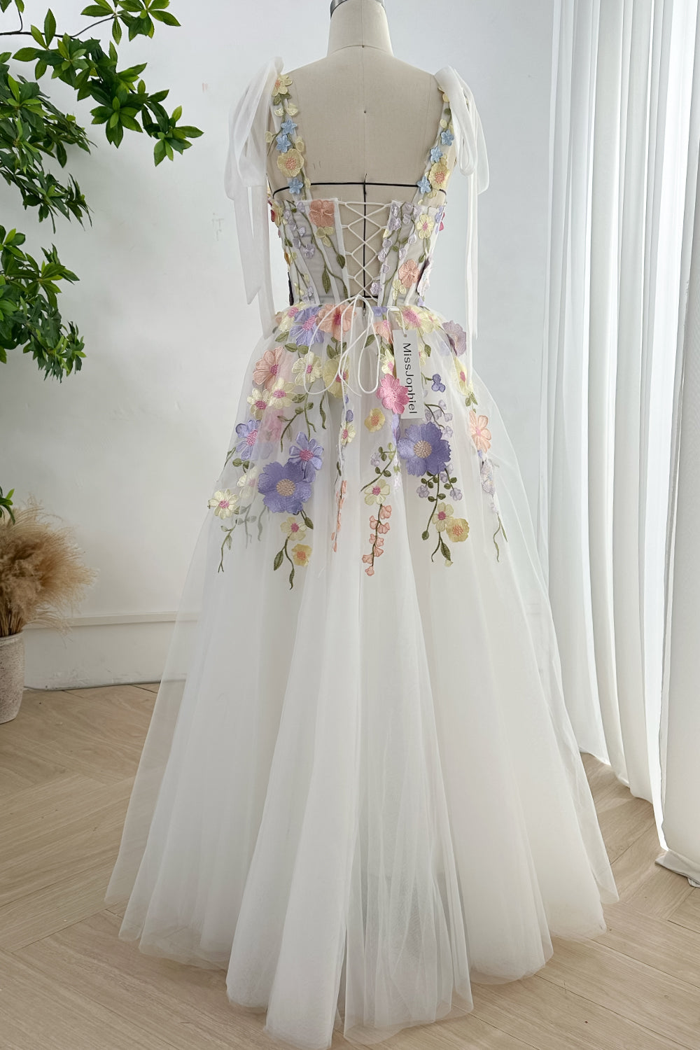 MissJophiel Embroidery Floral Corset Ivory Dress with Removable Tie Straps