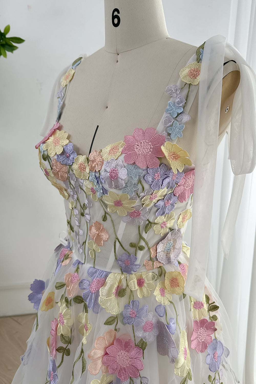MissJophiel Embroidery Floral Corset Ivory Dress with Removable Tie Straps