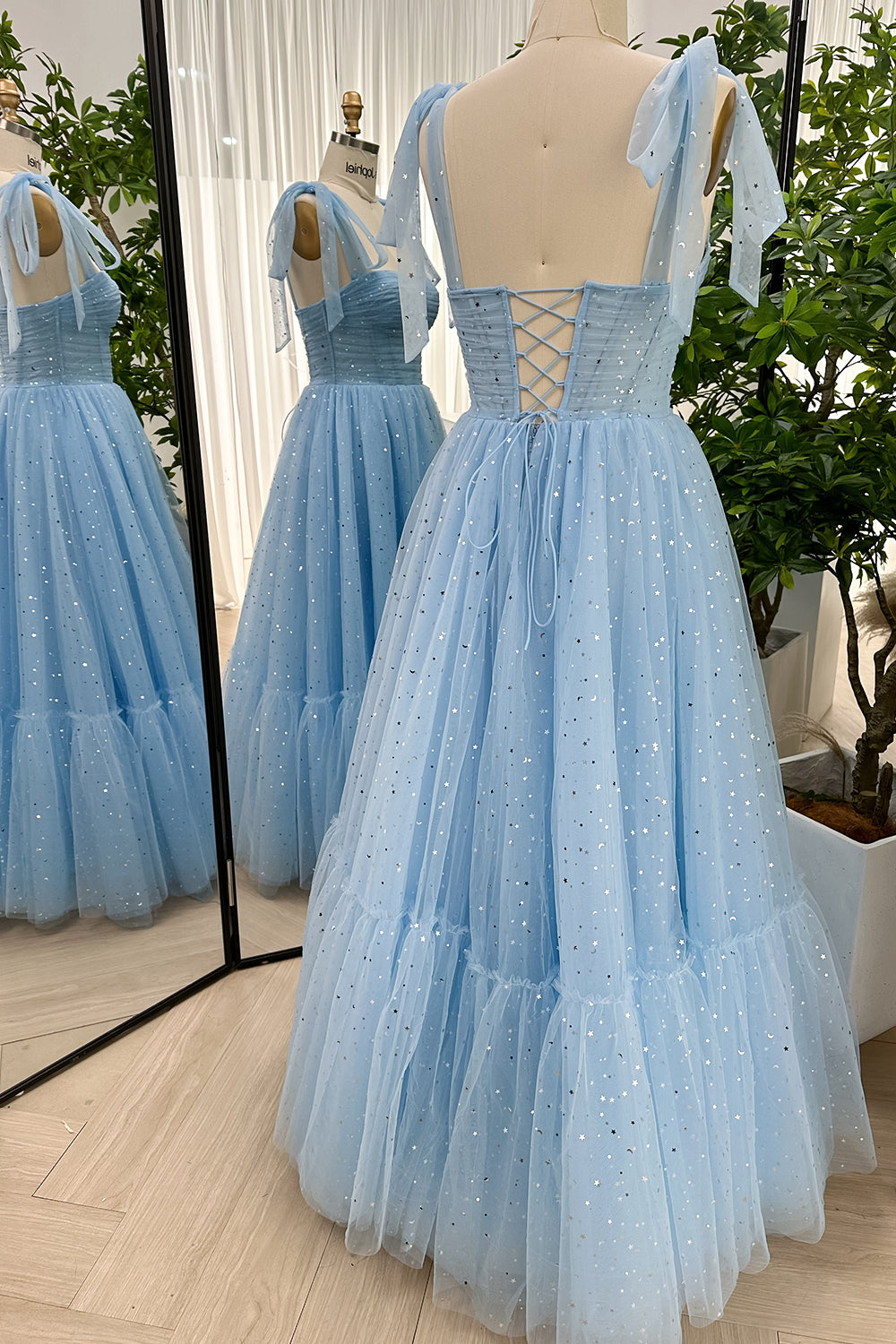 Sky Blue Tiered Pleated Tulle Elegant Corset Long Dress