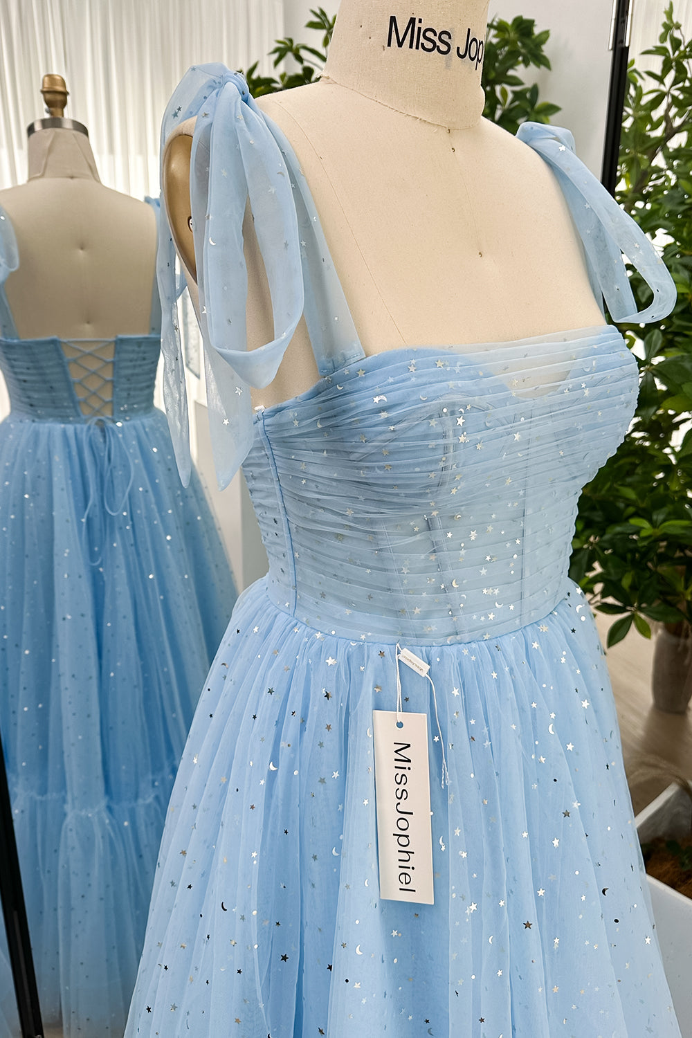 Corset Tulle Stars Sky Blue Long Dress with Tie Bow Straps