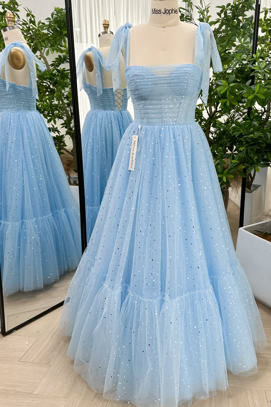 Korsett-Tüll-Sterne, himmelblaues langes Kleid mit Schleifenträgern