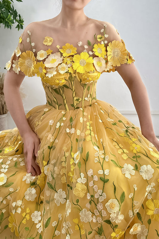 MissJophiel Strapless Floral Corset Yellow Dress with Removable Cape