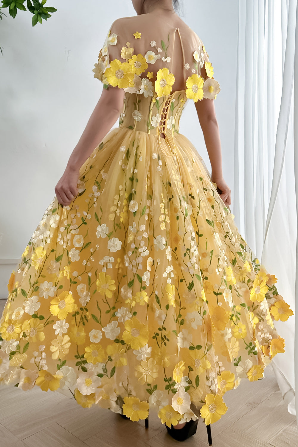 MissJophiel Strapless Floral Corset Yellow Dress with Removable Cape