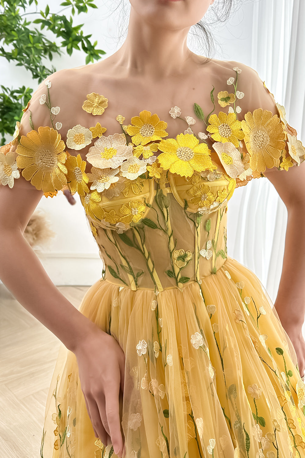 Strapless Floral Corset Yellow Dress with Removable Cape