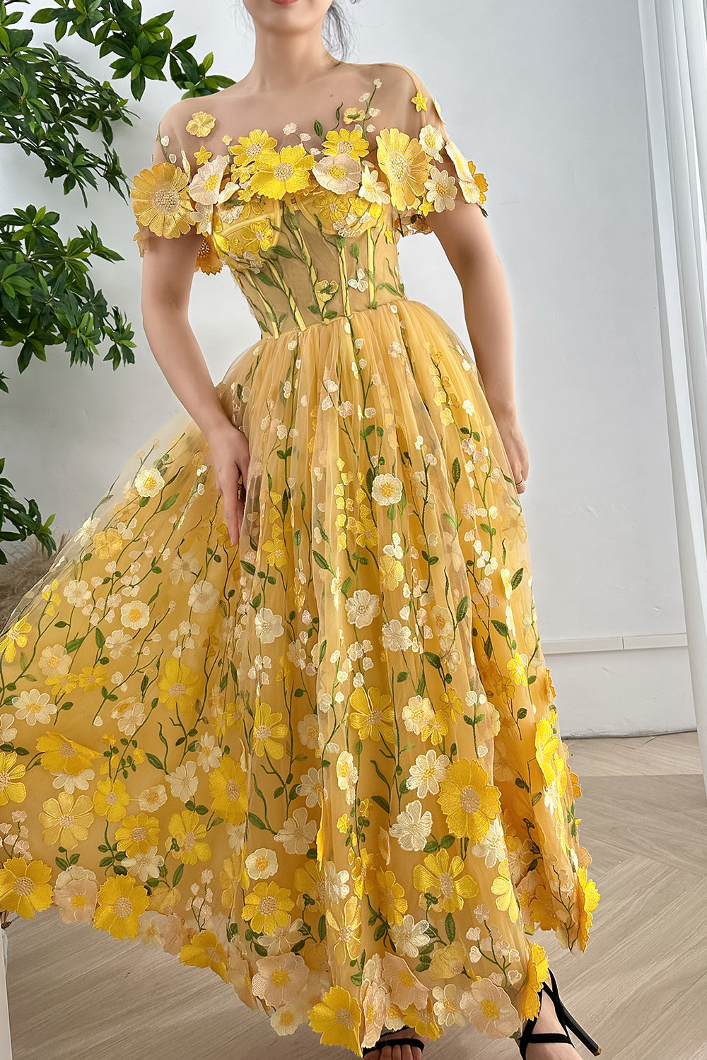Strapless Floral Corset Yellow Dress with Removable Cape