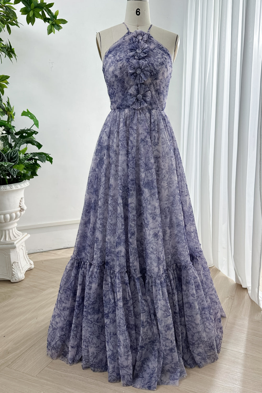 Halter Corset Blue White Print Tulle Dress with Handmade Flower