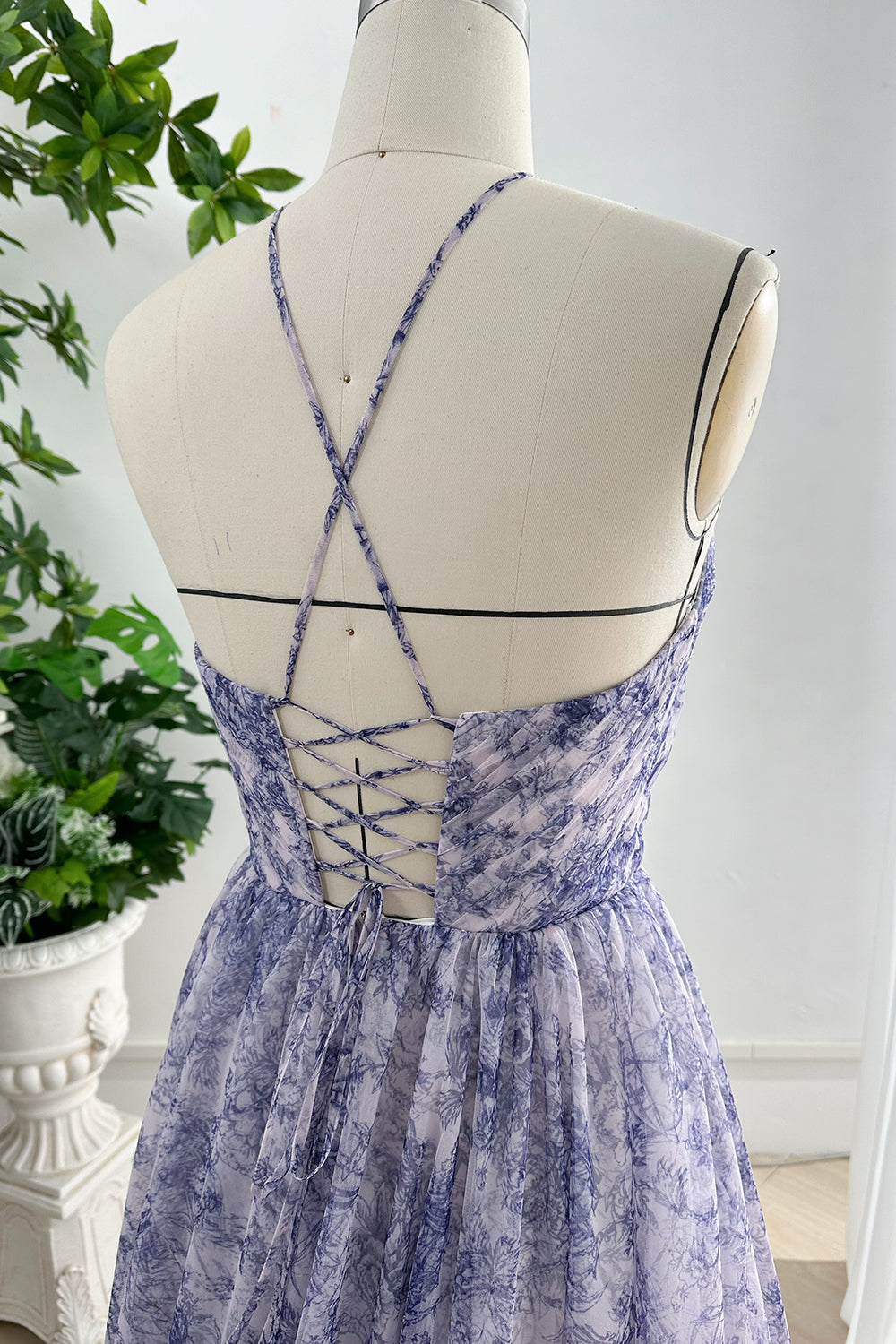 Halter Corset Blue White Print Tulle Dress with Handmade Flower