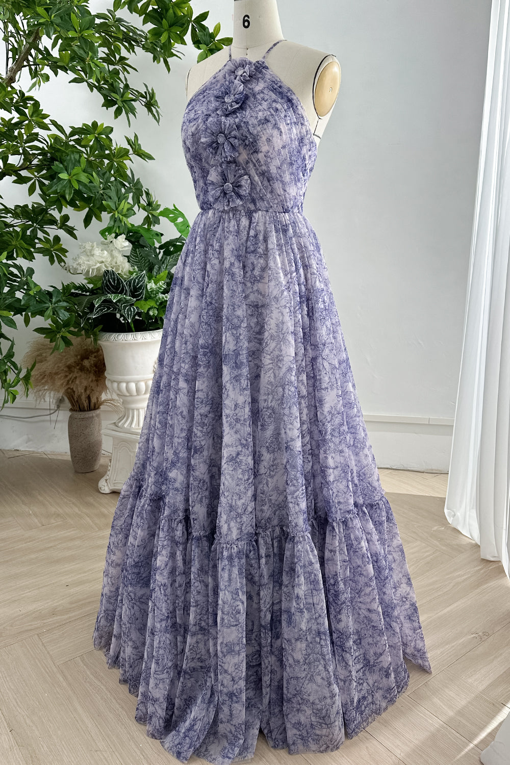 MissJophiel Halter Corset Blue White Print Tulle Dress with Handmade Flower