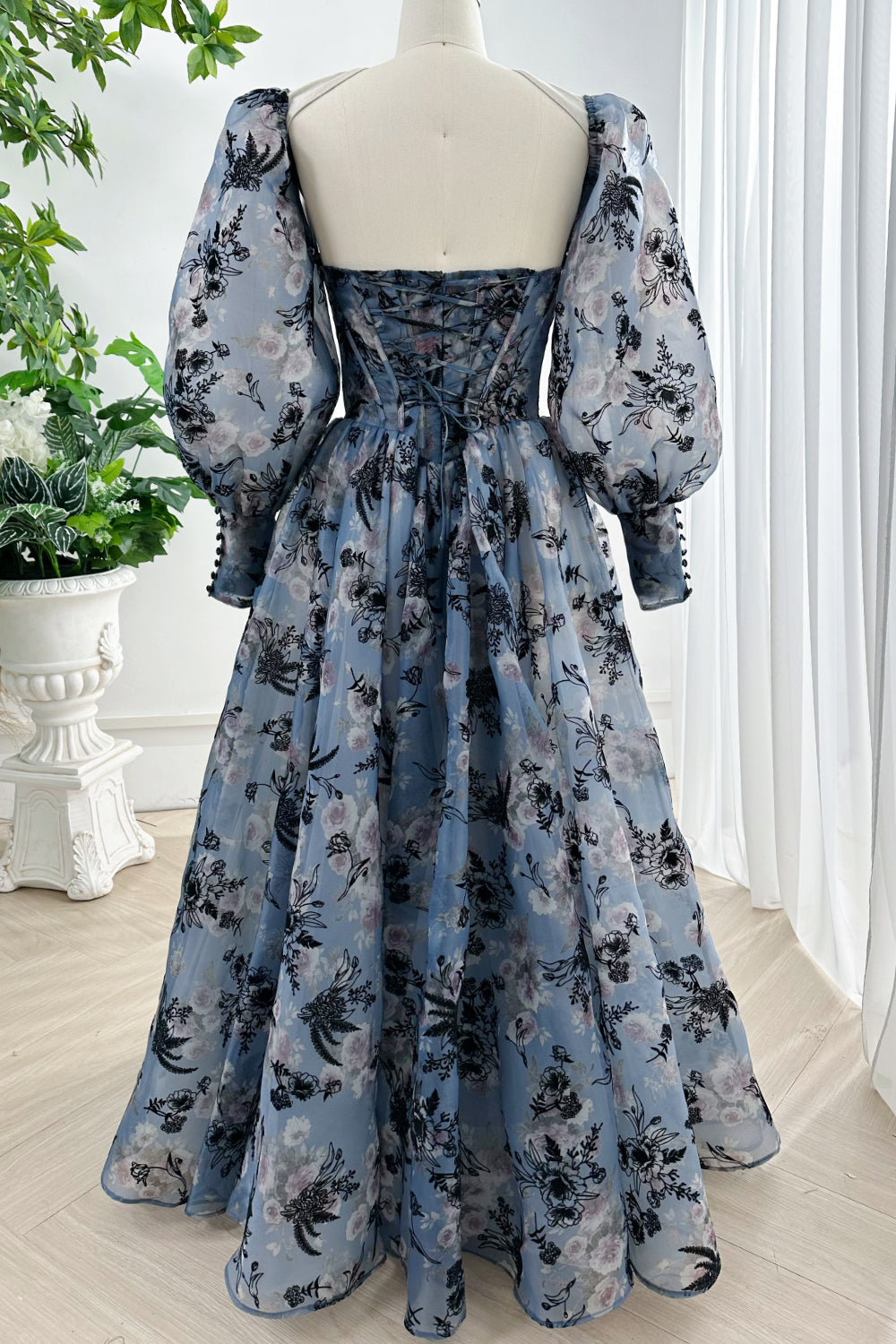 MissJophiel Corset Steal Blue Floral Print Organza Dress with Removable Puff Sleeves